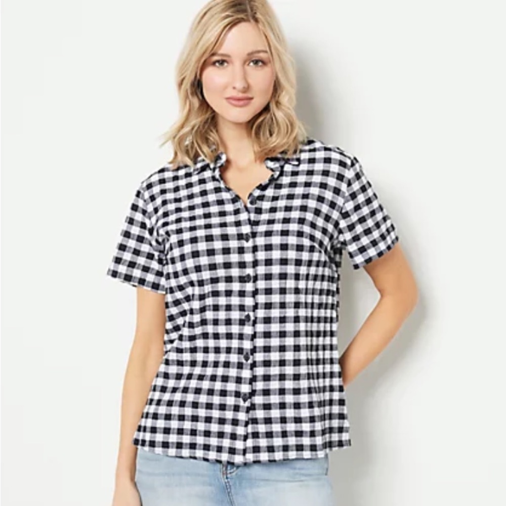NWT Joan Rivers (from QVC) Gingham Short-Sleeve Shirt, Black & White, Size M